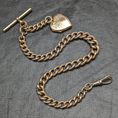 British Antique Rolled Gold Albert Chain 9ct Gold Heart Locket Fob